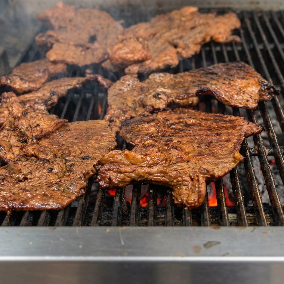 Marinated meat slices grill over glowing coals, with smoke rising from the barbecue.