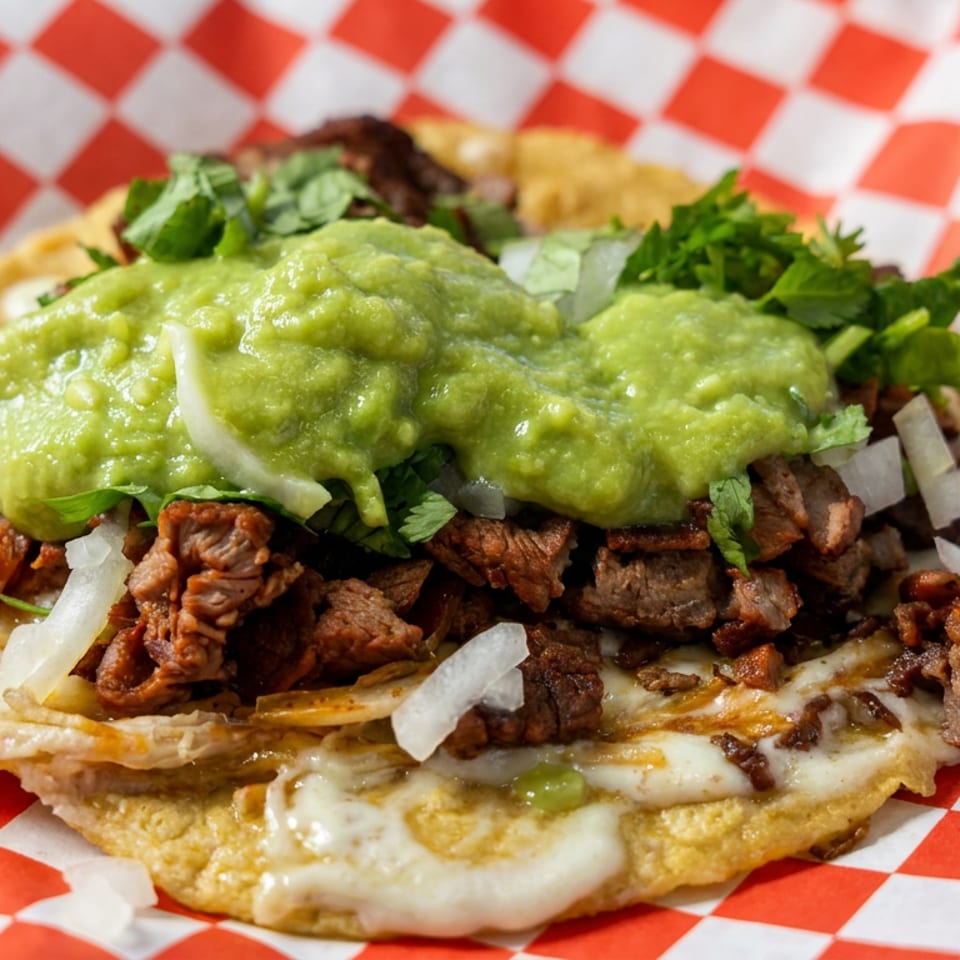 Close-up of a cheesy Mexican dish topped with grilled meat, guacamole, onions, and cilantro on red-and-white checkered paper.
