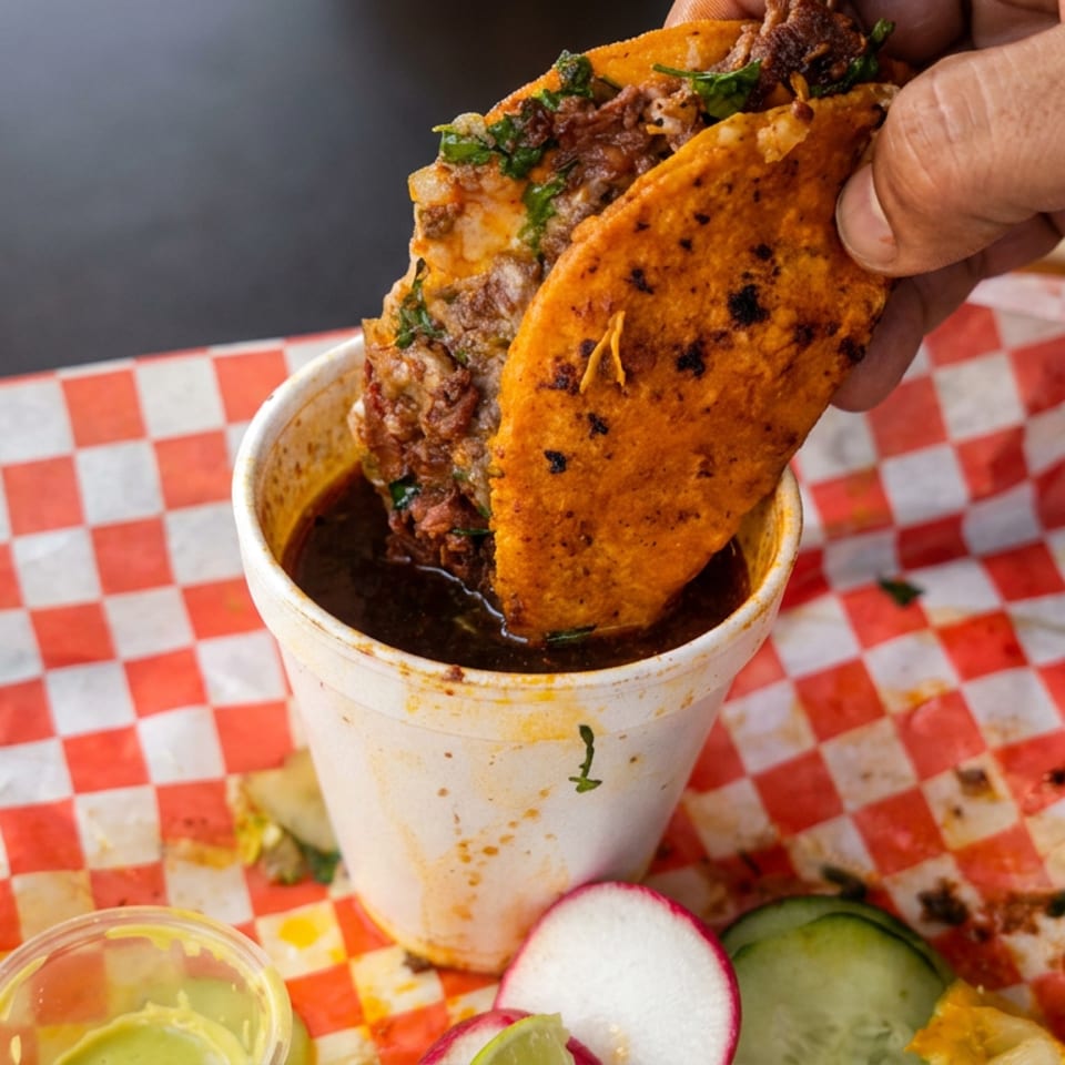 Hand dips two orange beef-filled tacos into a cup of consommé on a red-and-white checkered table.