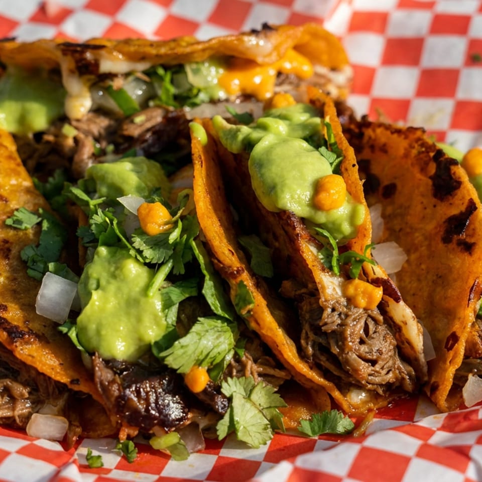 Four crispy orange tacos filled with shredded meat, guacamole, cilantro, diced onions, and orange sauce on red-and-white checkered paper.
